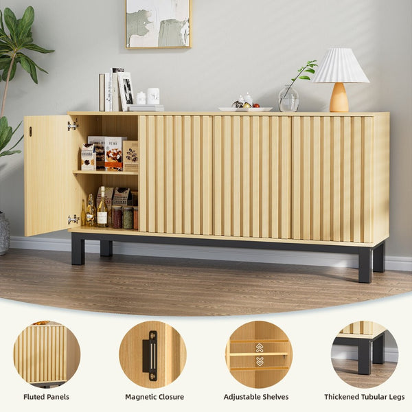English Elm Sideboard Fluted Credenza with Soft Close Doors Walnut Finish Mid Century Storage T3773P417322