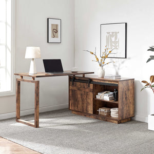 English Elm Desk L-Shaped Workstation With Storage Credenza & Sliding Barn Door - Rustic Charm For Home Office B107S00004