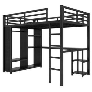 English Elm Full Size Loft Bed Frame With Wardrobe, Desk & Storage Shelves - Modern Black Metal Design W1580S00120