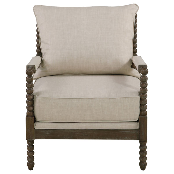 English Elm 1pc Coastal Spindle-Back Accent Chair with Padded Armrests, Linen-Look Upholstery & Welt Trim Beige,Brown 40 L x 32 W x 15.75 H B011P308560