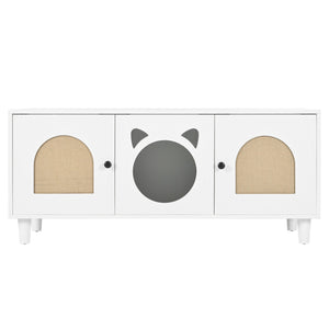 English Elm Modern Wood Cat Cabinet with Sisal Scratcher, Magnetic Litter Box Enclosure with Storage & Hooks, Cream White N843P252373C