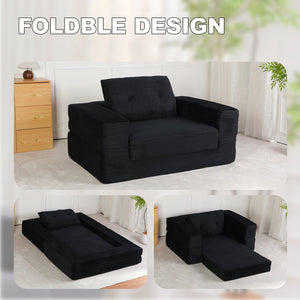 English Elm Compression Human Dog Sofa Bed 3-in-1 Folding Corduroy Floor Couch with Memory Foam Pillow for Living Room Black W3723P376783