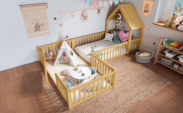 English Elm Twin House Floor Bed with Door & Full-Length Guardrails, Solid Wood Twin Loft Alternative for Kids Natural W1580P327129