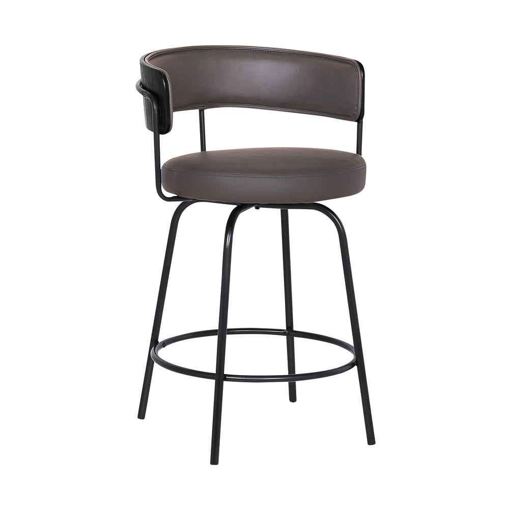 English Elm Helvra 26" Gray Faux Leather Swivel Barstool with Footrest, Metal Frame, Cushion Comfort Finish B2736P354380