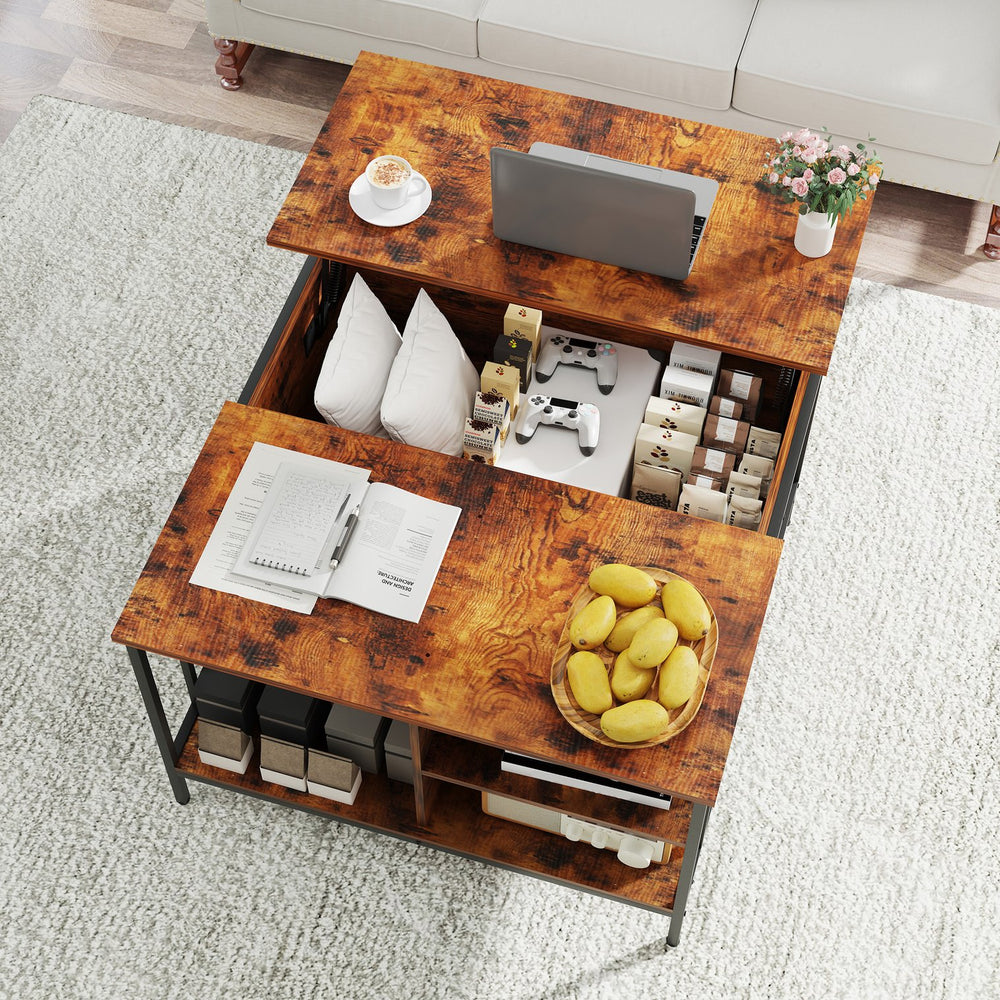 English Elm Farmhouse Lift Top Coffee Table With Hidden Storage - Adjustable Height Centerpiece For Modern Living T2398P354183