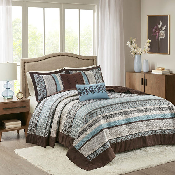 English Elm 5 Piece Princeton Reversible Jacquard Quilt Set Blue Full/Queen - Chocolate Base, Medallion, Embroidered Pillows, Luxe Texture B03597539