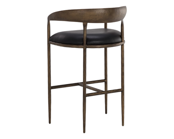 Sunpan Zanatta Stylish Barstool with Antique Brass Frame and Unique Hammered Metal Detailing for Any Space Charcoal Black Leather