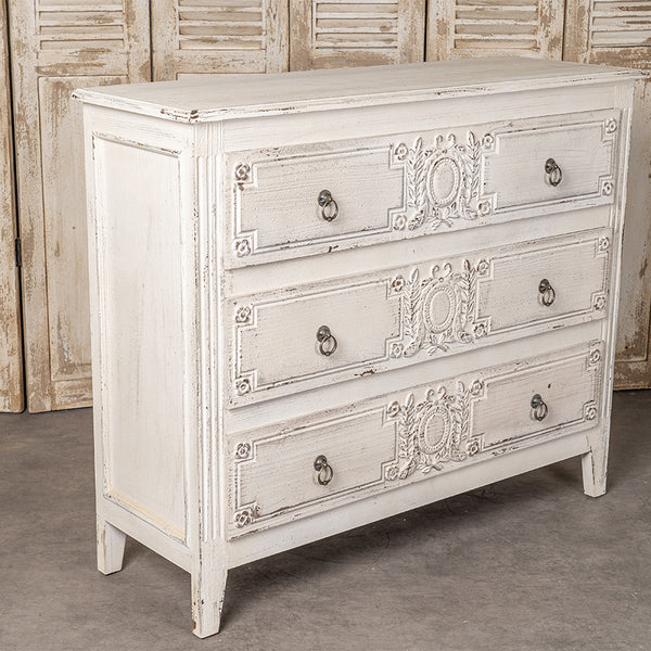 English Elm 24QJ0028 Antique Cream Wood & Metal Chest with 3 Drawers, Distressed Finish, Brown Interior, 48" L W2946P243866