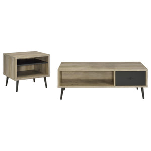 English Elm Balboa Distressed Pine 2-Piece Coffee & End Table Set with Gray Drawer, Open Cubby, Tapered Legs B062S01311