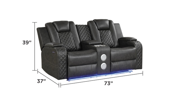 English Elm Benz Power Recliner 2PC Set in Gray Faux Leather with LED Lights, Bluetooth, USB, Console & Cupholders 659436248144