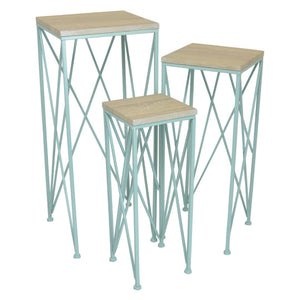 English Elm Mito Three Piece Nesting Plant Stand Set with X Cross Metal Base and Wood Tops Blue+Brown B056P416915