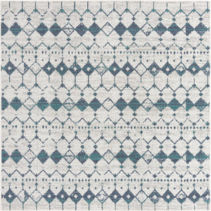 Unique Loom Outdoor Trellis Cardak Machine Made Geometric Rug Ivory and Blue, Navy Blue/Gray/Green 7' 10" x 7' 10"