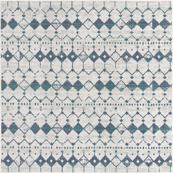 Unique Loom Outdoor Trellis Cardak Machine Made Geometric Rug Ivory and Blue, Navy Blue/Gray/Green 7' 10" x 7' 10"