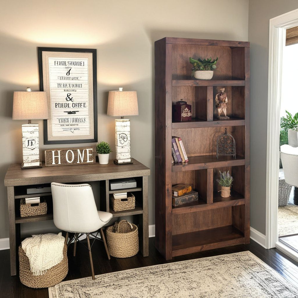 English Elm 79 Inch High Bookcase in Whiskey Finish — Solid Knotty Alder, 7 Shelves, Distressed Rustic Urban Style, Fully Assembled B108P160198