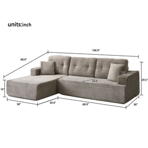 English Elm Right-Facing Chaise modular sectional sofa with plush corduroy, boneless design, converts to bed Brown Gray W3565S00004
