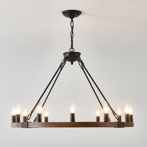 English Elm 31.5 Inch Wagon Wheel Chandelier Wood Matte Black 12-light Farmhouse Pendant Fixture W5008P464752
