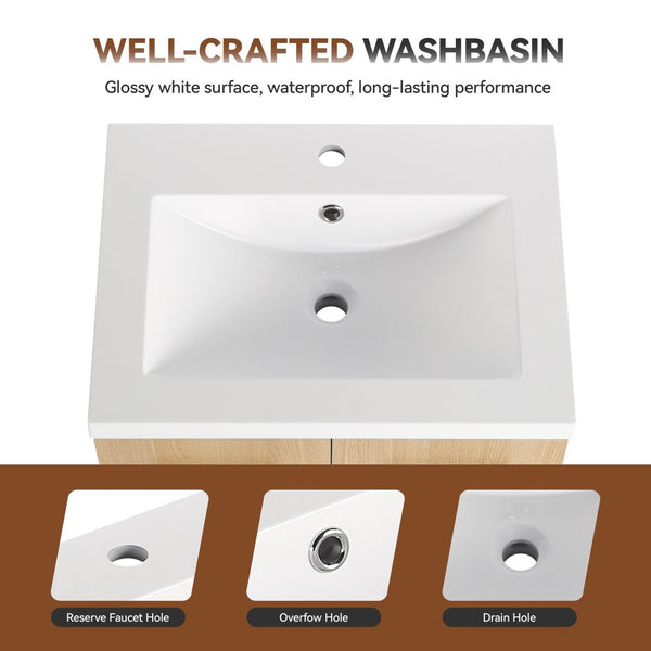 English Elm 24" Floating Oak Plywood Bathroom Vanity Set with Glossy Resin Sink Scandinavian Style W3450S00090