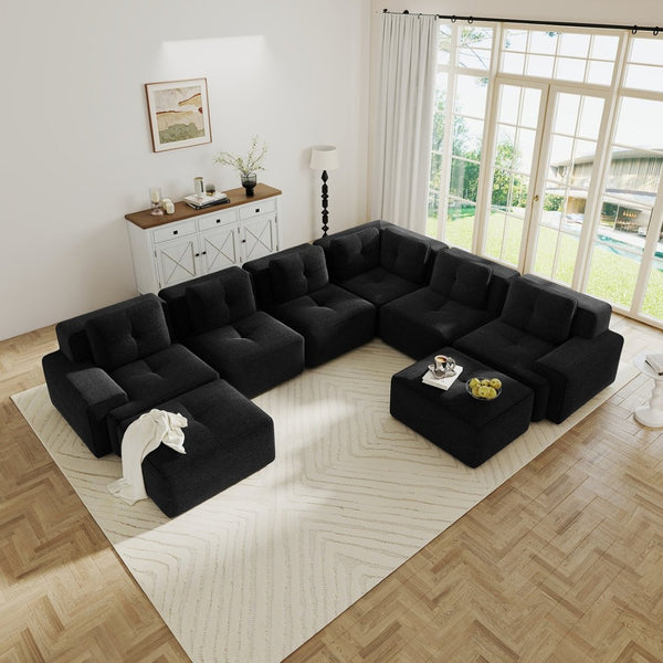 English Elm Modular Corduroy Sectional Sofa 6 Seat V Shaped Corner Couch with Ottomans Living Room Black W714S01587
