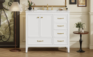 English Elm 36" Solid Pine Bathroom Vanity with Ceramic Sink 4 Soft Close Drawers Vintage Style White N759S293646K