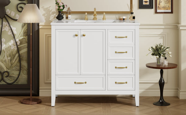 English Elm 36" Solid Pine Bathroom Vanity with Ceramic Sink 4 Soft Close Drawers Vintage Style White N759S293646K