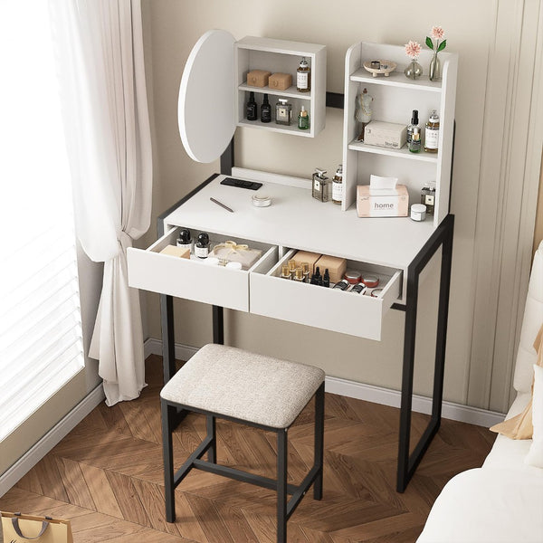 English Elm Small Bedroom Vanity Desk with Led Mirror Cushioned Stool Power Outlet and Storage White+Black W3587P462333