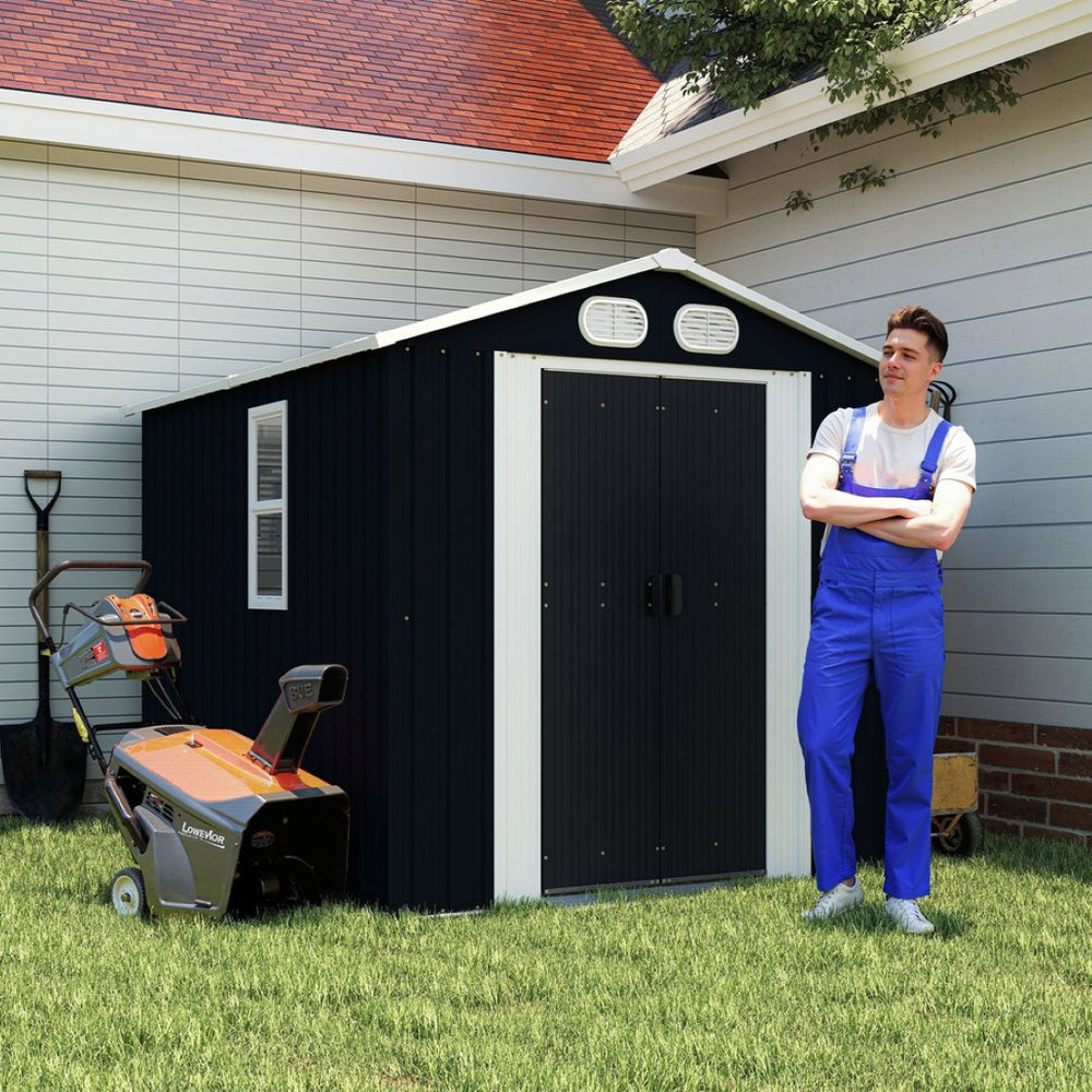 English Elm Campcraft 8x6 Outdoor Metal Storage Shed with Lockable Doors and Ventilation for Backyard Dark Gray W1598S00044