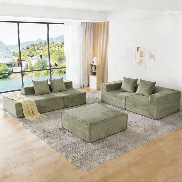 English Elm L-shaped Modular Sectional with Ottoman Corduroy Upholstery Four Seat Living Room Sofa Green W2699S00083