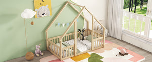 English Elm Twin Wood House-Shaped Floor Bed with Fence and Guardrails – Playful Pine Frame for Imaginative Kids Retreat Natural W504P143291