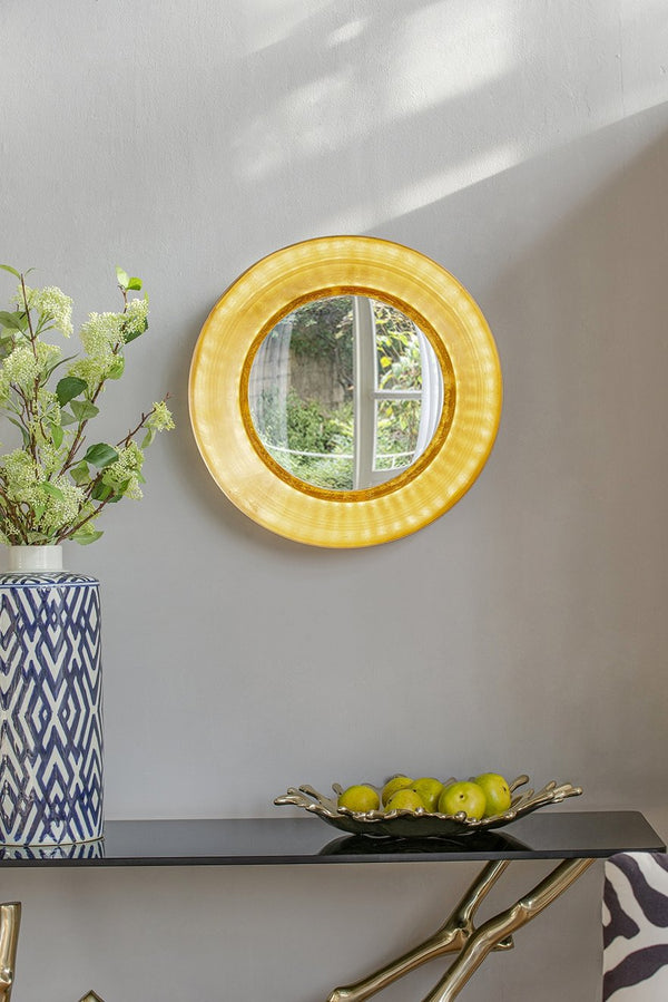 English Elm D18.7 Gold Wall Mirror with LED Lighting — 18.5" Elegant Round Illuminated Accent for Bathroom Vanity, Loft Decor W2078P288176