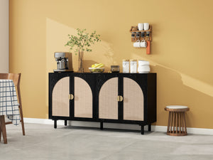 English Elm 4 Engineered Rattan 4-Door Storage Cabinet with Pine Feet, Moisture-Proof Durable Finish, Sleek Handles Black W688134376