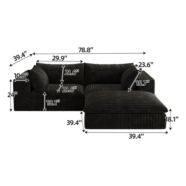 English Elm 39.8" Cloud Modular Sofa Plush Corduroy Deep Seat Feather Fill Living Room Couch Black W2824S00188