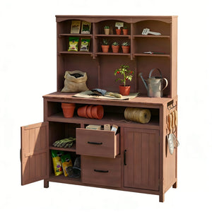 English Elm (with Hutch) Topmax Solid Fir Outdoor Potting Bench Station Cabinets Drawers Patio Garden Brown N717P404332D