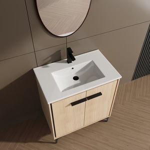English Elm 30 Inch Oak Bathroom Vanity Base with Basin, Engineered Wood Double-Door Cabinet, Modern Storage W1972S00004