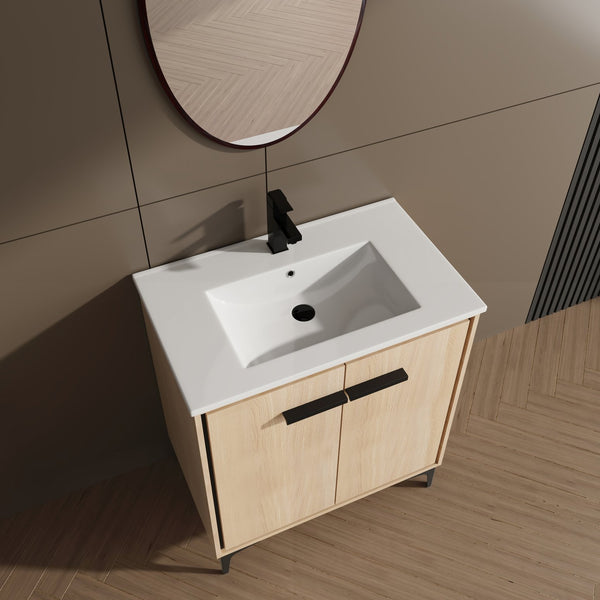 English Elm 30 Inch Oak Bathroom Vanity Base with Basin, Engineered Wood Double-Door Cabinet, Modern Storage W1972S00004
