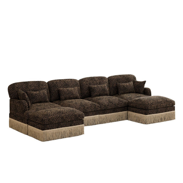 English Elm 131"comfy Chenille Leopard Print U-shaped Sectional with Tassel Trim and Modular Ottomans Brown W5656S00018