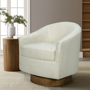 English Elm Upholstered Swivel Chair Camel Oak Base, Cream Polypropylene Fabric, 300 lb Capacity, Foam Seat Cushion B035P203225