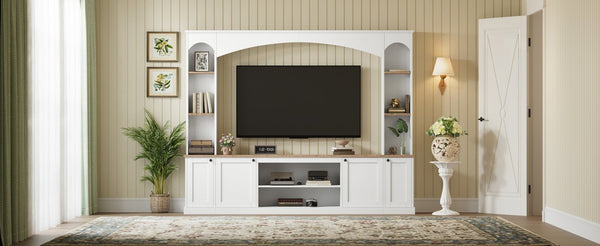 English Elm Arched Farmhouse Entertainment Center with Open Shelving for Living Room White N721S000063K