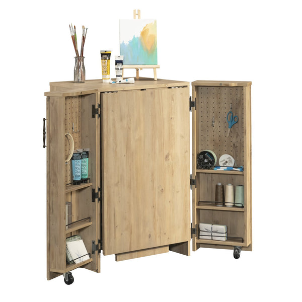 English Elm Craft Station with Drop-Leaf Extension, Brown Khaki Pine Finish — Compact Crafting Workstation w/ Storage B356P402737