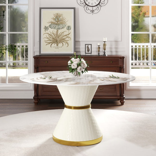 English Elm 53.15"modern Sintered Stone Round Dining Table Seats 6 with Sculptural Steel Pedestal W1535S00628