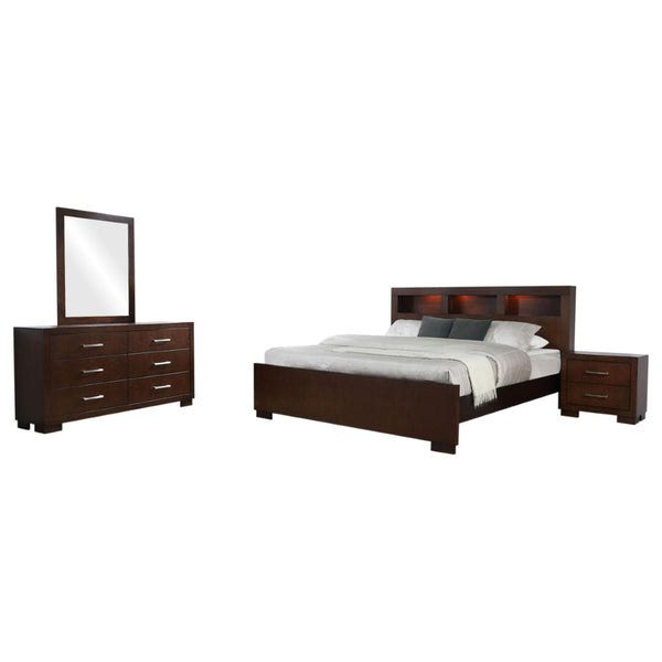 English Elm Emory Queen Bedroom Set Solid Hardwood Bookcase Headboard Built-in Lights Cappuccino B062S00776