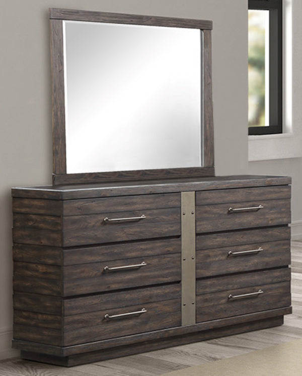 English Elm Square Knotty Oak Mirror — Industrial Farmhouse Solid Wood & MDF Dresser Mounted, Sturdy Brown Finish B2699P237055