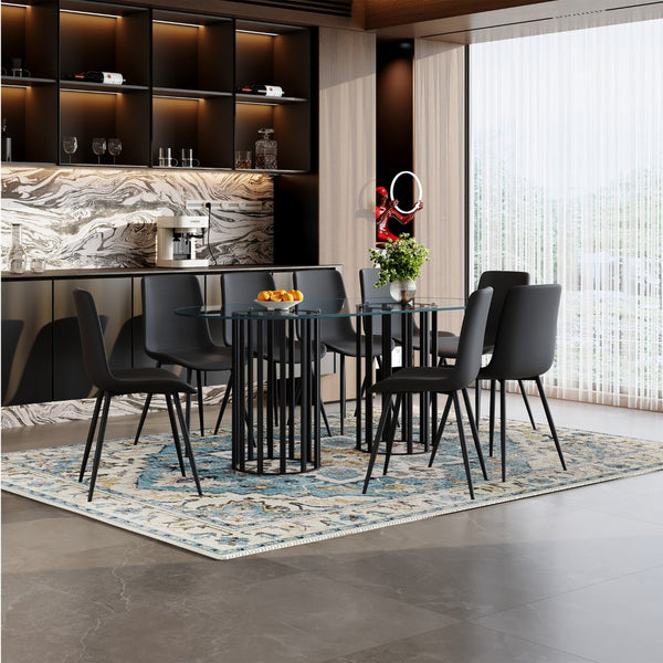 English Elm Table and Chair Set Oval Glass Top Seats 8 Luxe Black Metal Base Dining Room W1151S04749