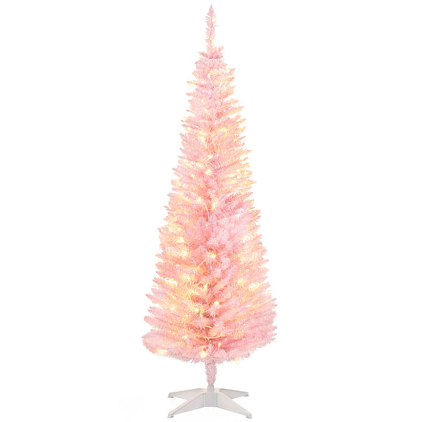 English Elm Homcom 5' Slim Pink Pre-Lit Noble Fir Christmas Tree With 110 Led Lights For Cozy Holiday Decor W2225P249646
