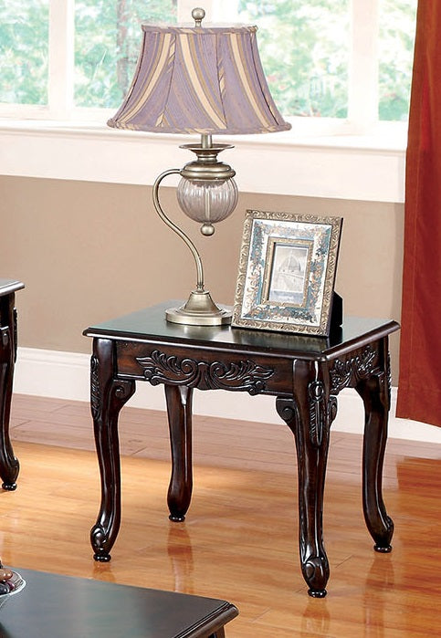 English Elm 3pc Classic Coffee & End Table Set Dark Cherry Finish with Parquet Tops, Cabriole Legs, Resin Detail B011P356773