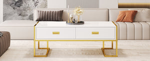 English Elm Modern 47.3" Rectangular Coffee Table with White MDF Top, Gold Metal Base & 4 Spacious Drawers, Luxe-functional Design N735P305626K