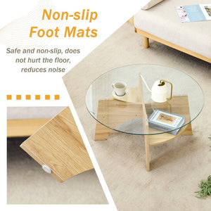 English Elm Round Tempered Glass Coffee Table with Fan Pedestal Base for Modern Living Rooms Natural Wood,Transparent W1151P256001