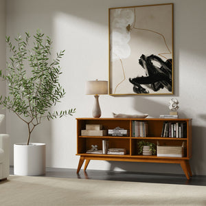 English Elm Draper Teak Low Bookcase – Solid Rubberwood, 4 Open Shelves, Mid-Century Tapered Legs, Anti-Tip B136P238603