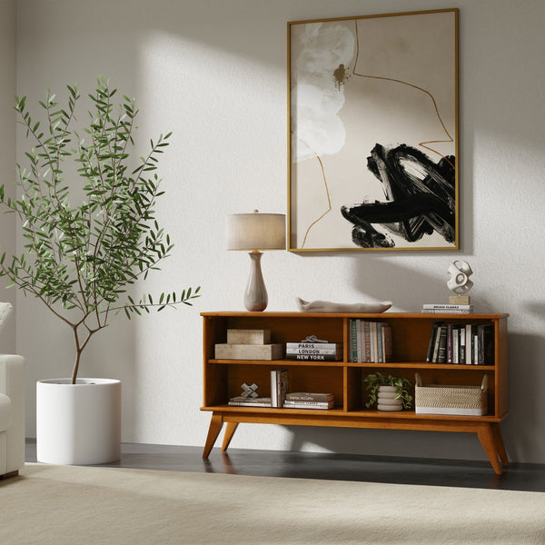 English Elm Draper Teak Low Bookcase – Solid Rubberwood, 4 Open Shelves, Mid-Century Tapered Legs, Anti-Tip B136P238603
