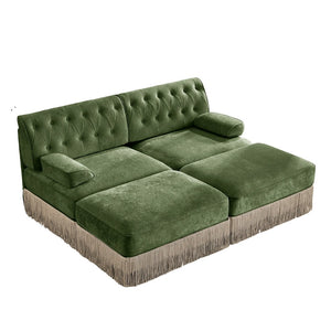 English Elm With Tufted Velvet Sectional Sofa Two Ottomans Tassel Skirt French Chesterfield Living Room Green W714S01745