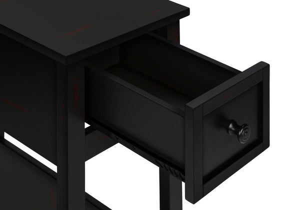 English Elm Accent 2-Tier Narrow End Table with Drawer and Shelf, Transitional Veneer Top, Solid Wood Legs for Compact Spaces Black 27 L x 15 W x 8 H B2710P219470